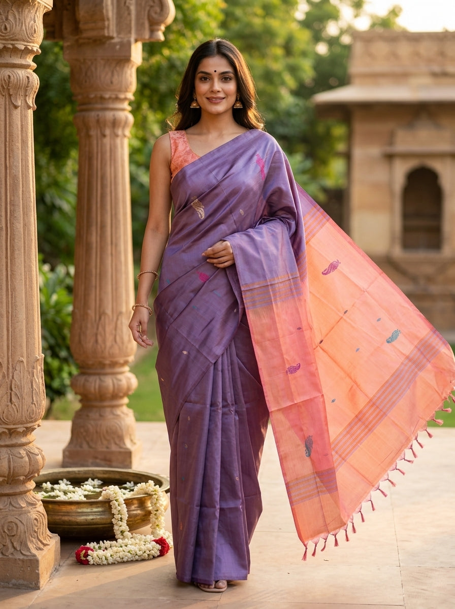 Lavender Purple and Peach Banana Silk Sarees
