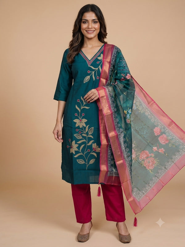 Teal Blue with Pink Dupatta Ready Made Straight Cut Kurti Set