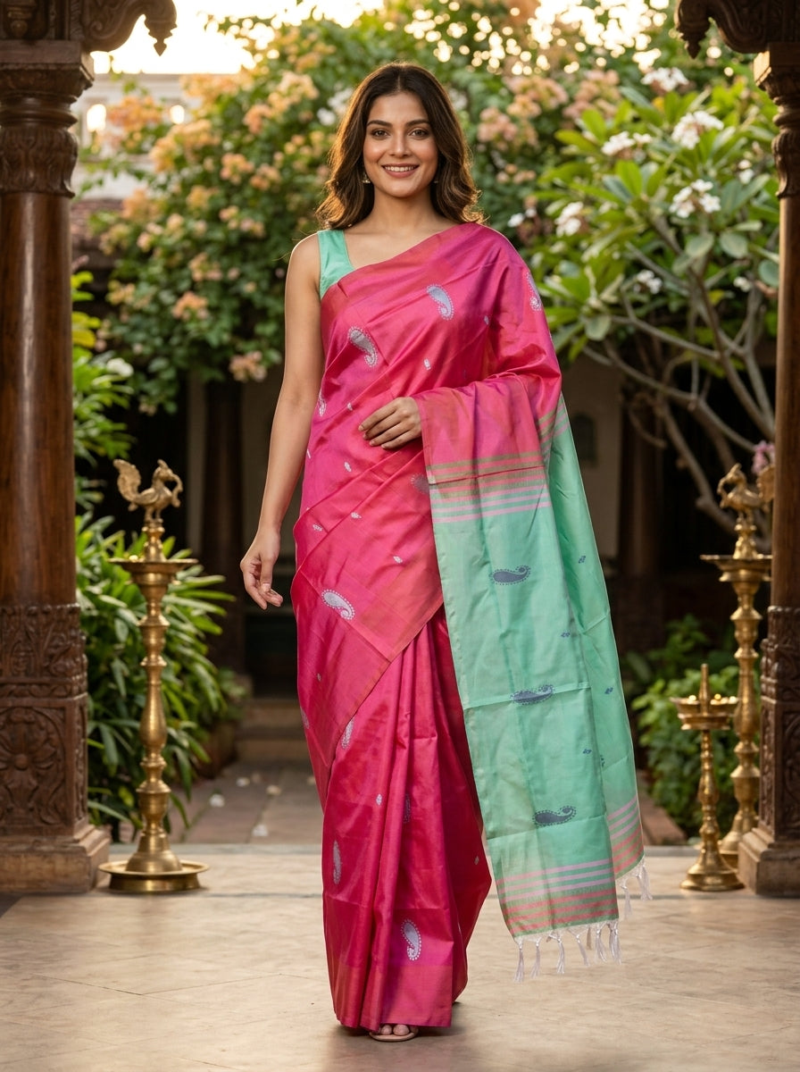 Pink and Green Banana Silk Sarees