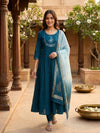 Teal Blue Cotton Embroidered A-Line Kurti Set