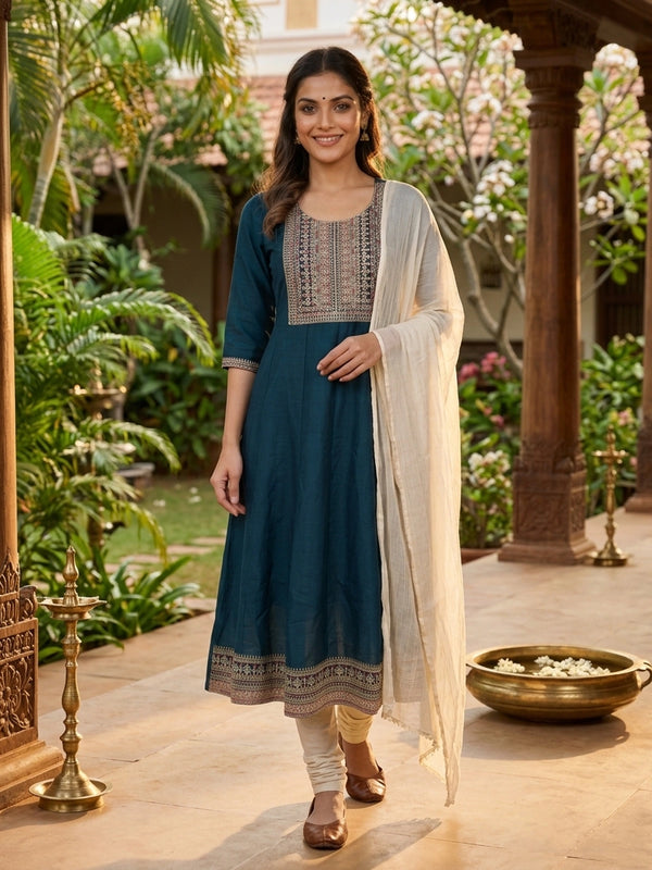 Teal Blue Embroidered Art Silk Anarkali Kurti Top with multicolour zari yoke