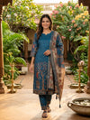 Teal Blue Kalamkari Printed Cotton Straight Cut Kurti Set