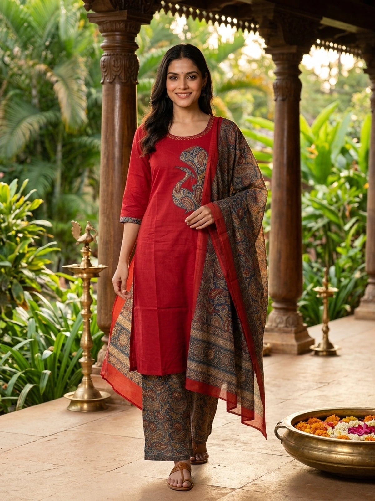 Red Cotton Kalamkari Applique Straight Cut Kurti Set