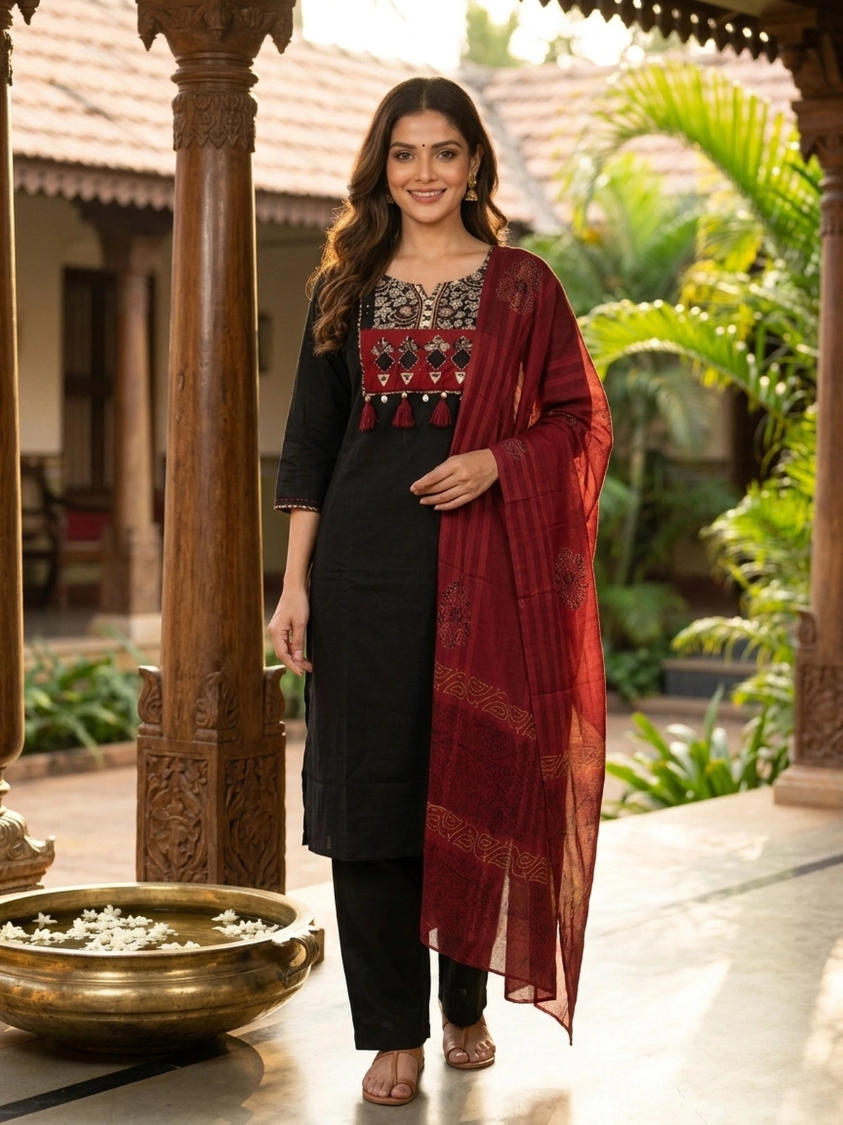 Black cotton straight cut kurti set with mirror work yoke and maroon block-print dupatta