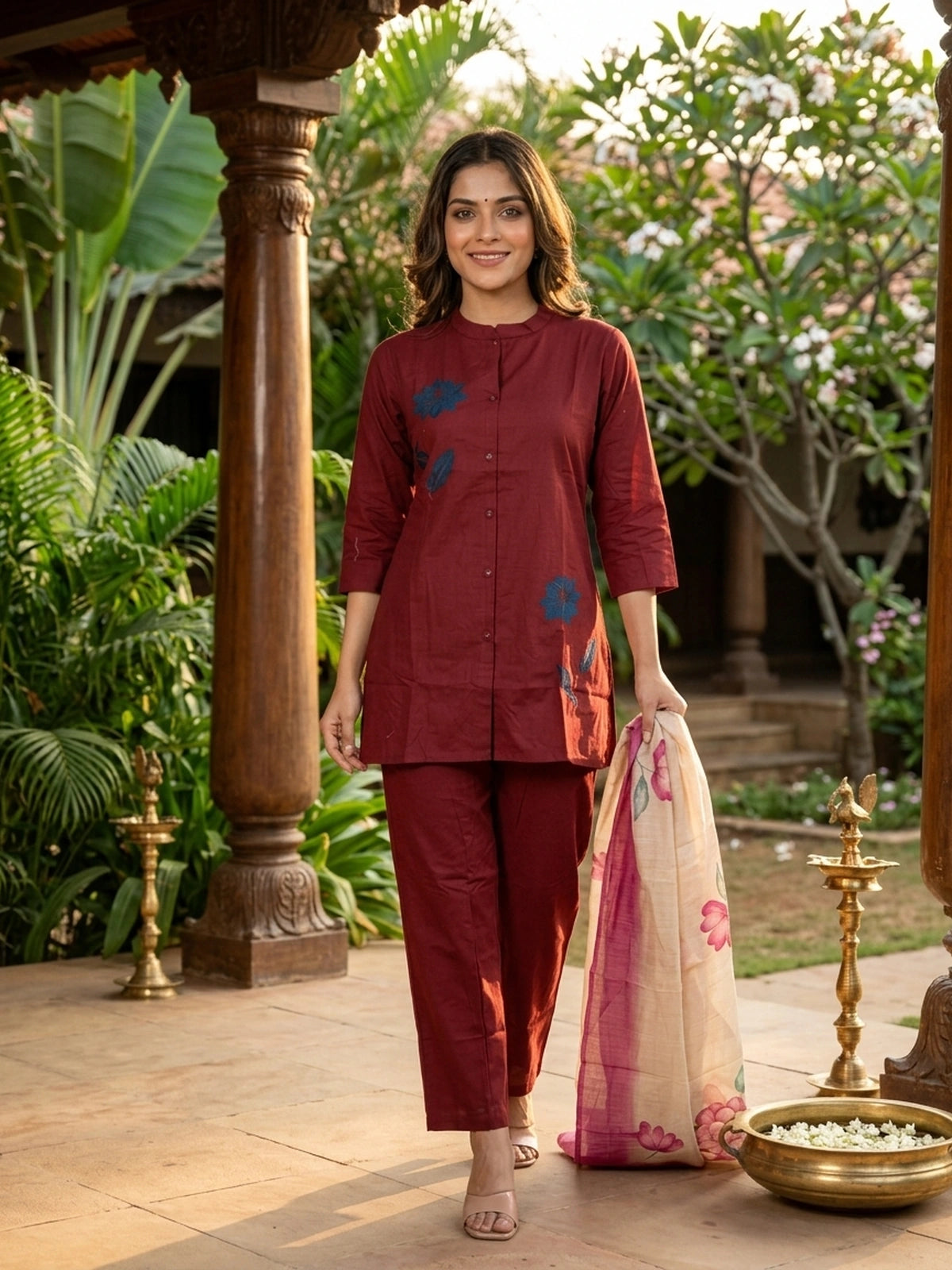Maroon Floral Applique Cotton Co-ord Set Kurti Set