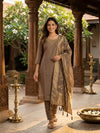 Taupe Brown Embellished Neckline Cotton Silk with Zari Woven Dupatta Straight Cut Kurti Set
