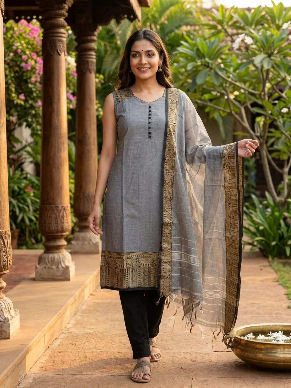 Grey Cotton Elephant Motif Woven Border Straight Cut Kurti Set