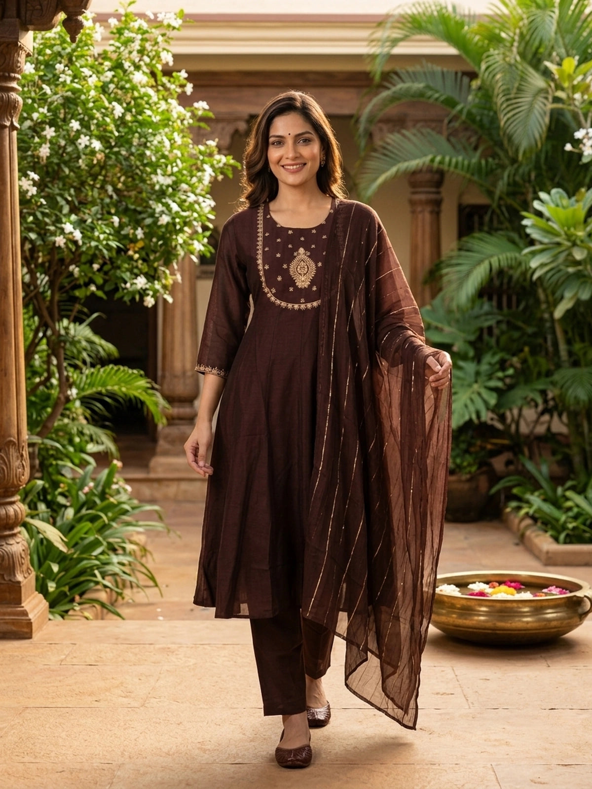 Wine art silk Anarkali kurti set with gold zari embroidered yoke and matching dupatta