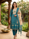 Teal Tussar Silk Pichwai Printed Straight Cut Kurti Set