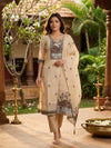 Beige Kota Cotton Folk-Art Embroidered Straight Cut Kurti Set