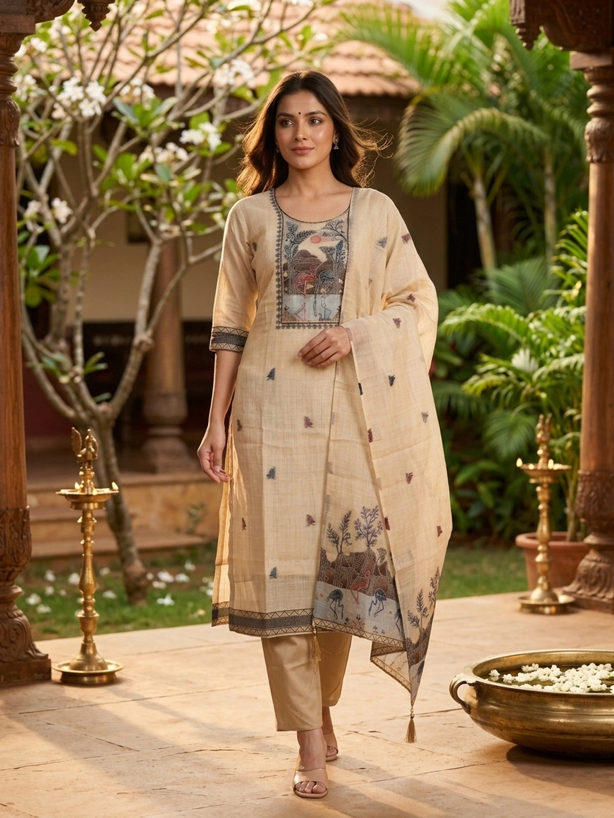 Beige Kota Cotton Folk-Art Embroidered Straight Cut Kurti Set