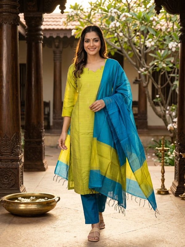 Lime green silk blend straight cut kurti set with zari butis and teal blue dupatta