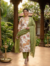 Cream Floral Printed Cotton with Green Dupatta A-Line Anarkali Kurti Set