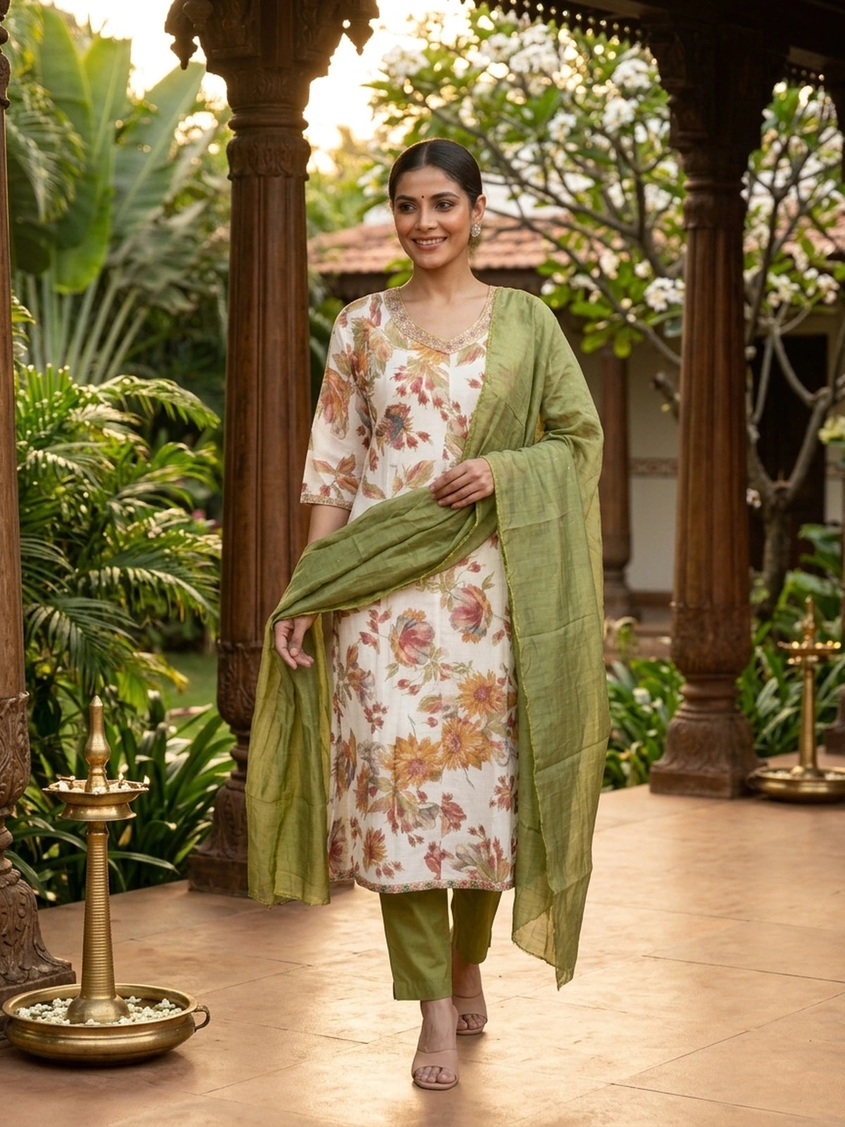 Cream Floral Printed Cotton with Green Dupatta A-Line Anarkali Kurti Set