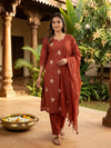 Rust Red Cotton Floral Embroidered Straight Cut Kurti Set