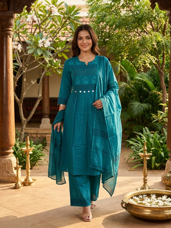 Teal cotton block printed Anarkali kurti set with coin embellished waist, palazzo pants and dupatta