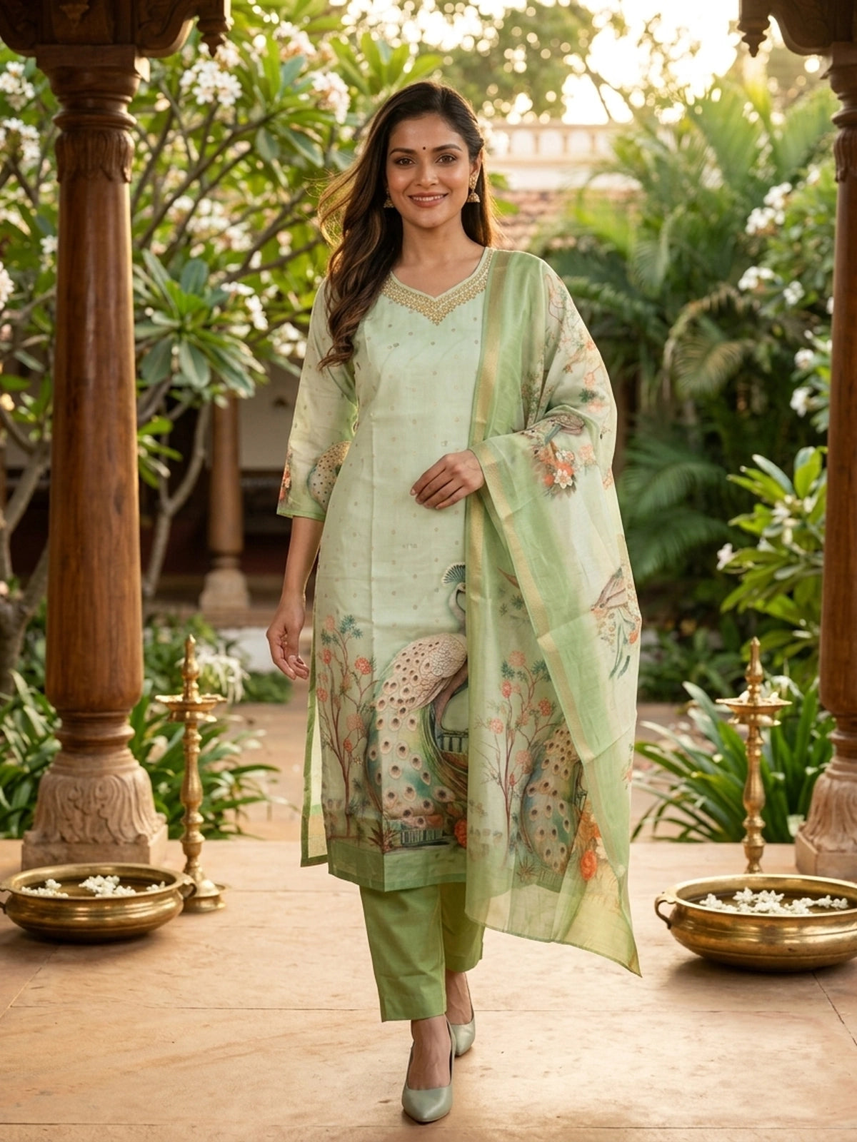 Pista green peacock print Chanderi silk straight cut kurti set with embellished neckline and printed dupatta