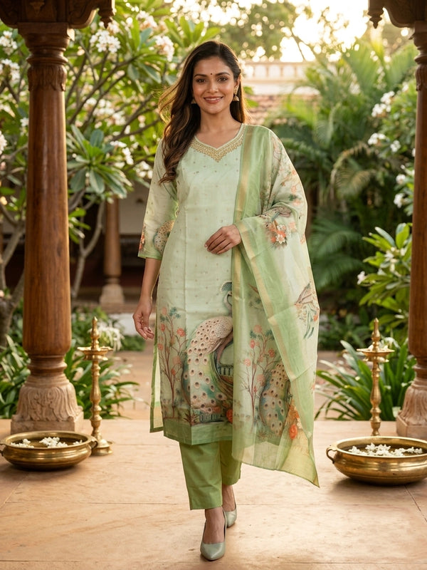 Pista green peacock print Chanderi silk straight cut kurti set with embellished neckline and printed dupatta