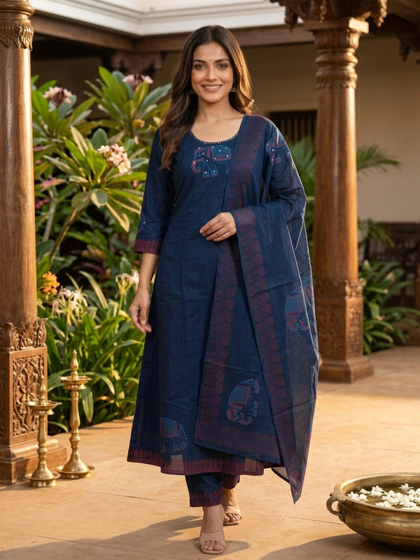 Navy Blue cotton Anarkali kurti set with rust elephant motifs, mirror work and matching printed dupatta