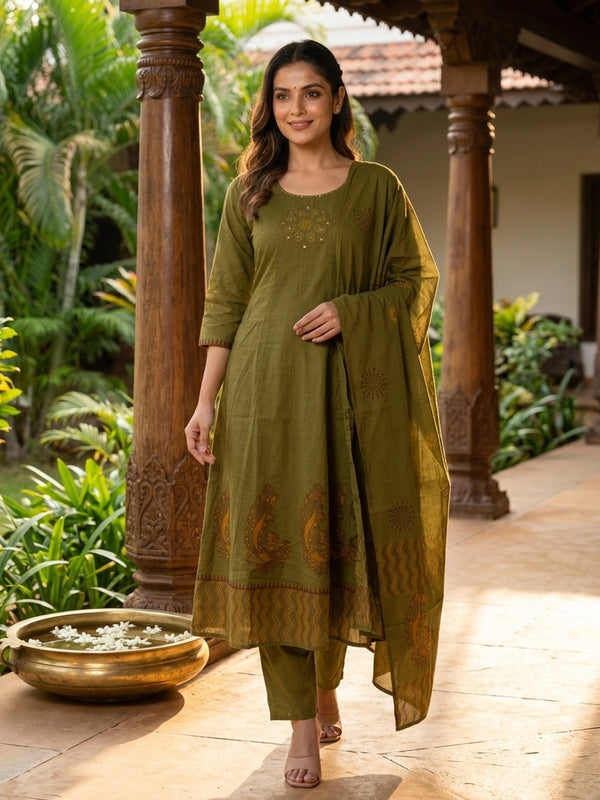 Mehendi Green Cotton Mirror Work Anarkali Kurti Set with printed dupatta and straight pants