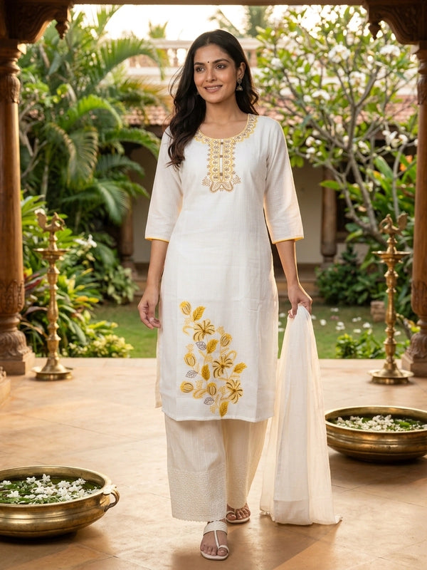 White cotton Anarkali kurti with yellow floral embroidery on neckline and hem