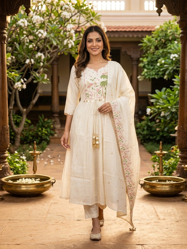 Off-White bird and palm embroidered cotton Anarkali kurti set with dupatta