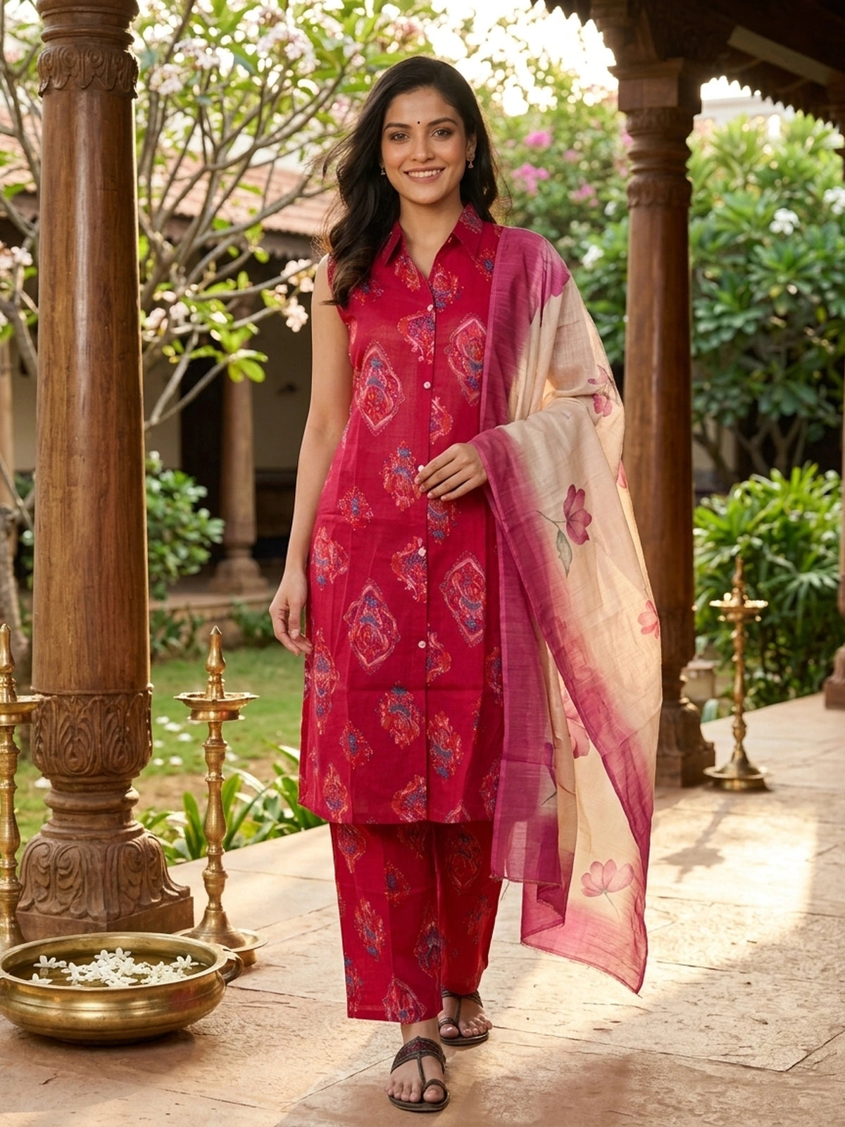 Red Ikat Printed Cotton Co-ord Set Kurti Set