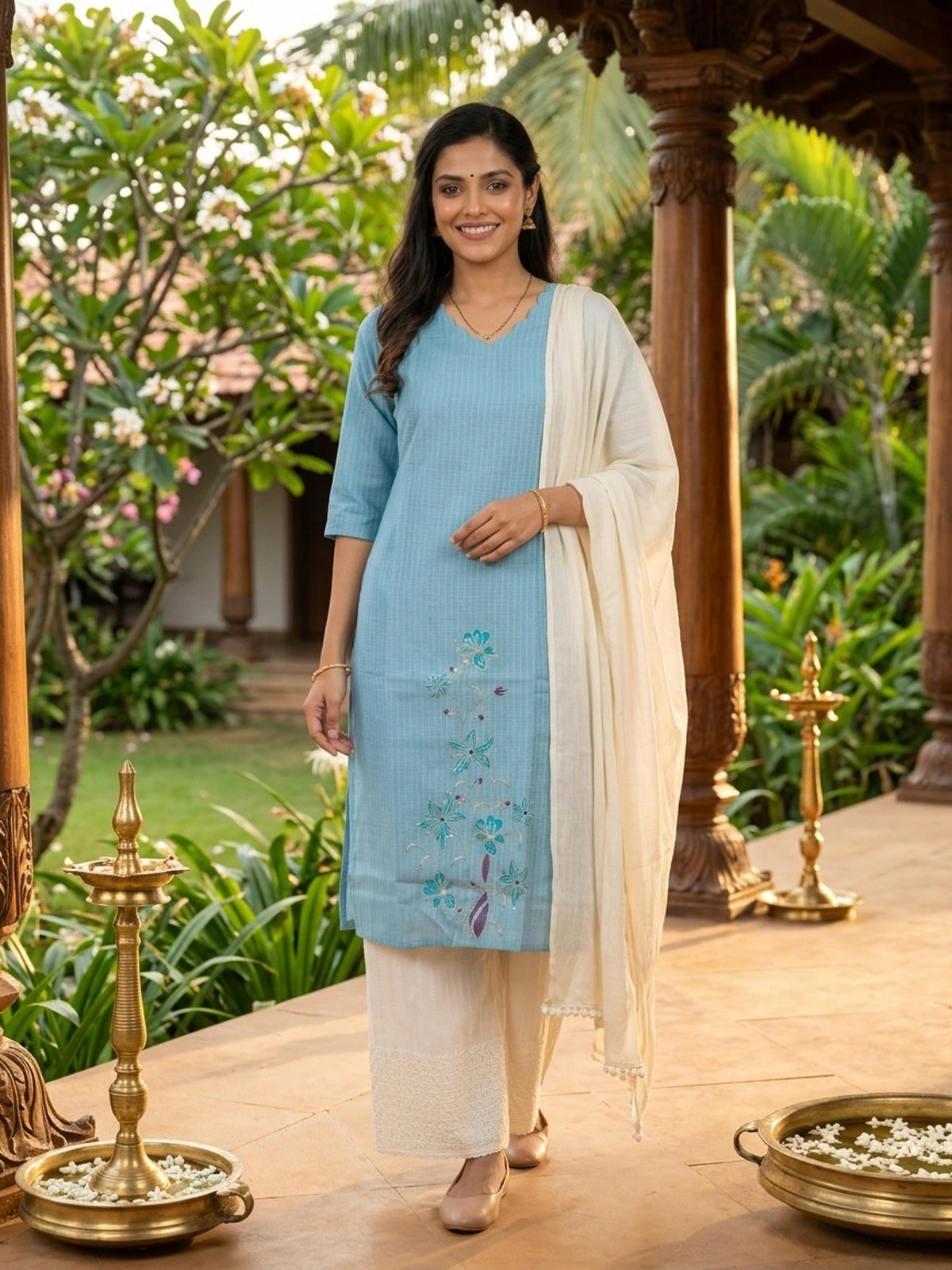 Sky Blue Floral Embroidered Cotton Anarkali Top