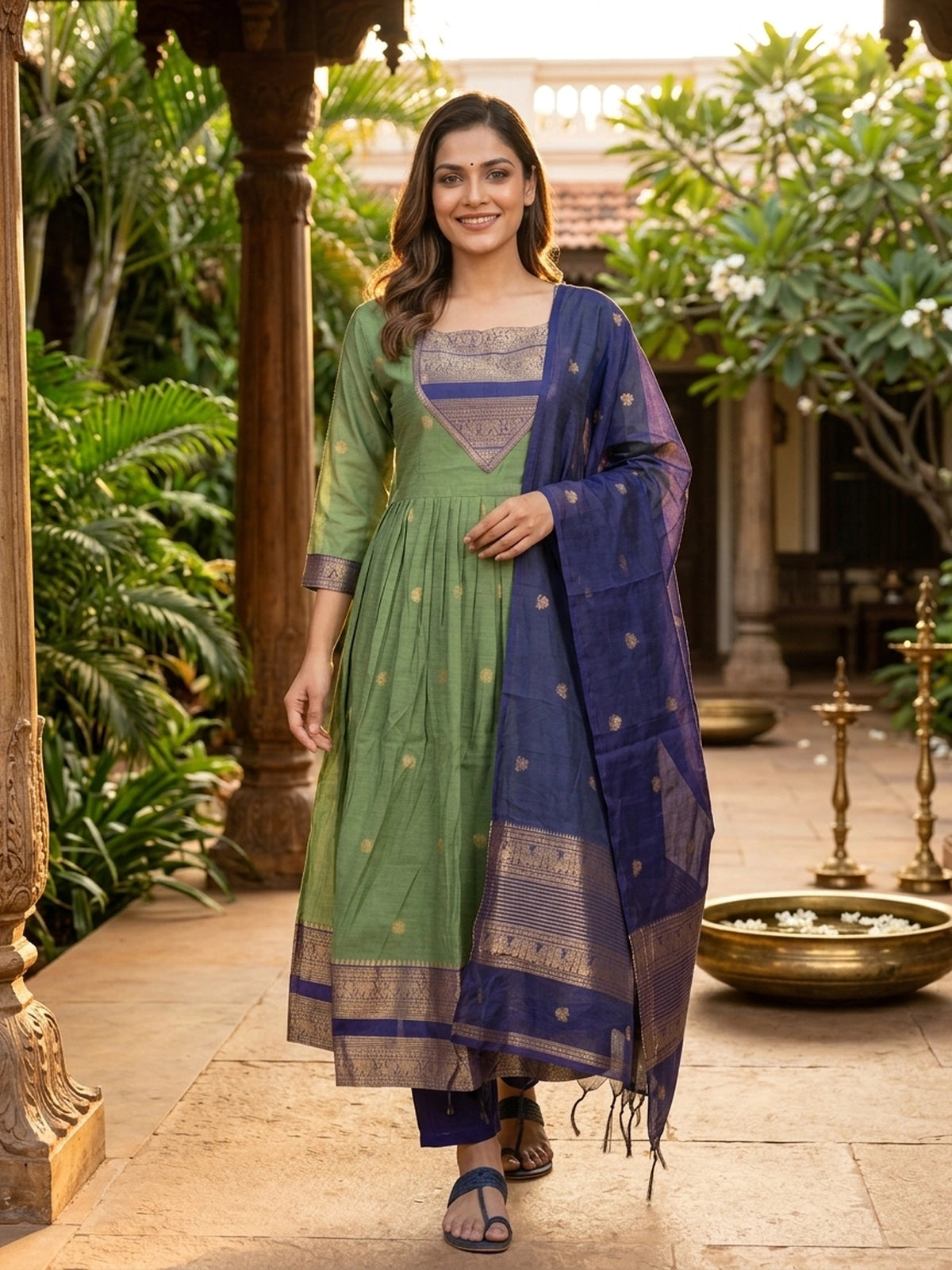 Green with Navy Blue Zari Woven Cotton Silk Anarkali Kurti Set