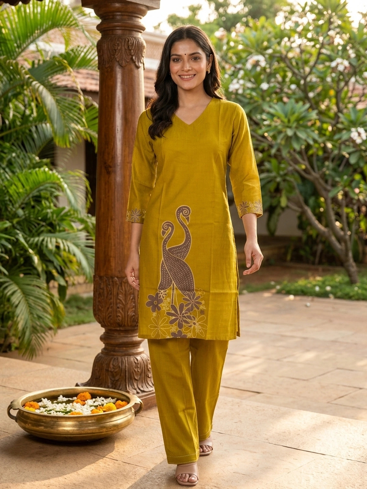 Mustard yellow peacock printed cotton co-ord kurti set with straight-fit pants