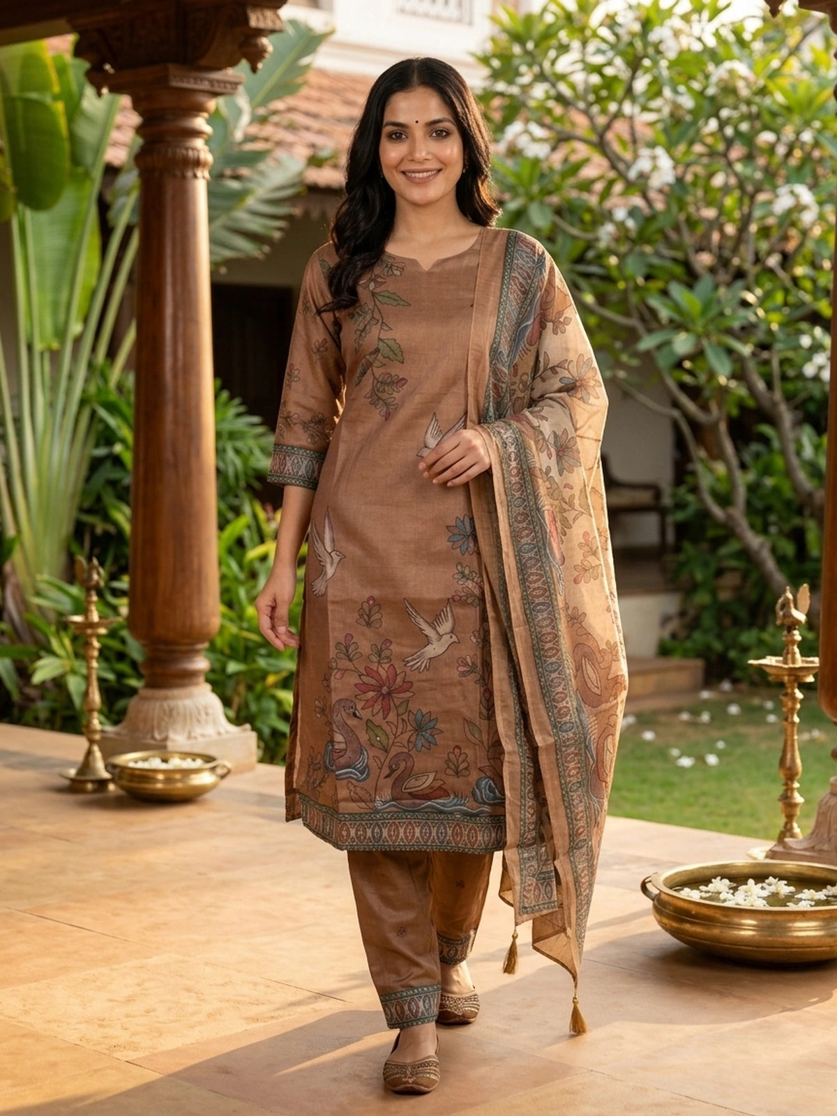 Brown Kalamkari Bird Print Cotton Straight Cut Kurti Set