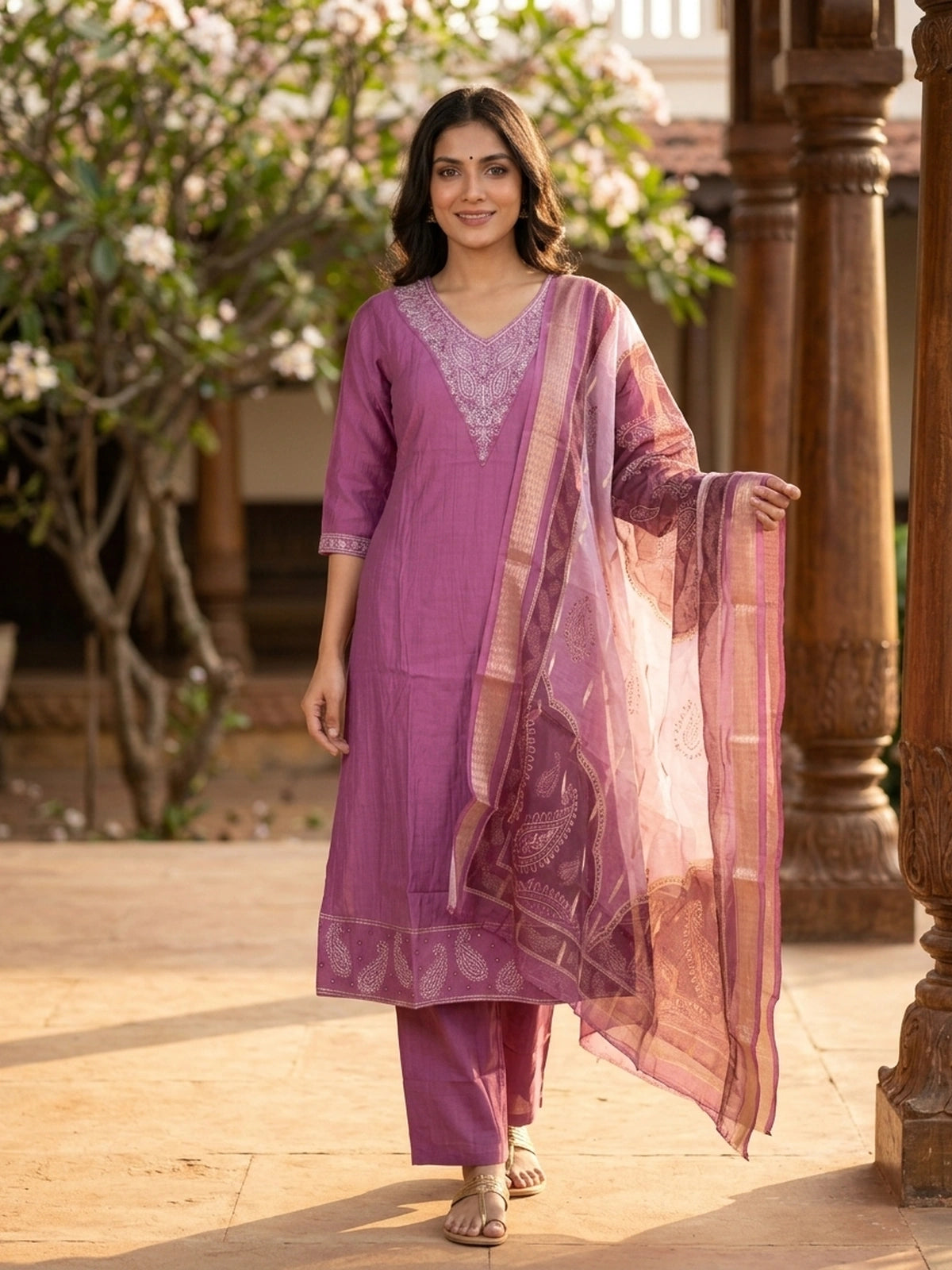 Mauve Embroidered Cotton Silk A-Line Anarkali Kurti Set