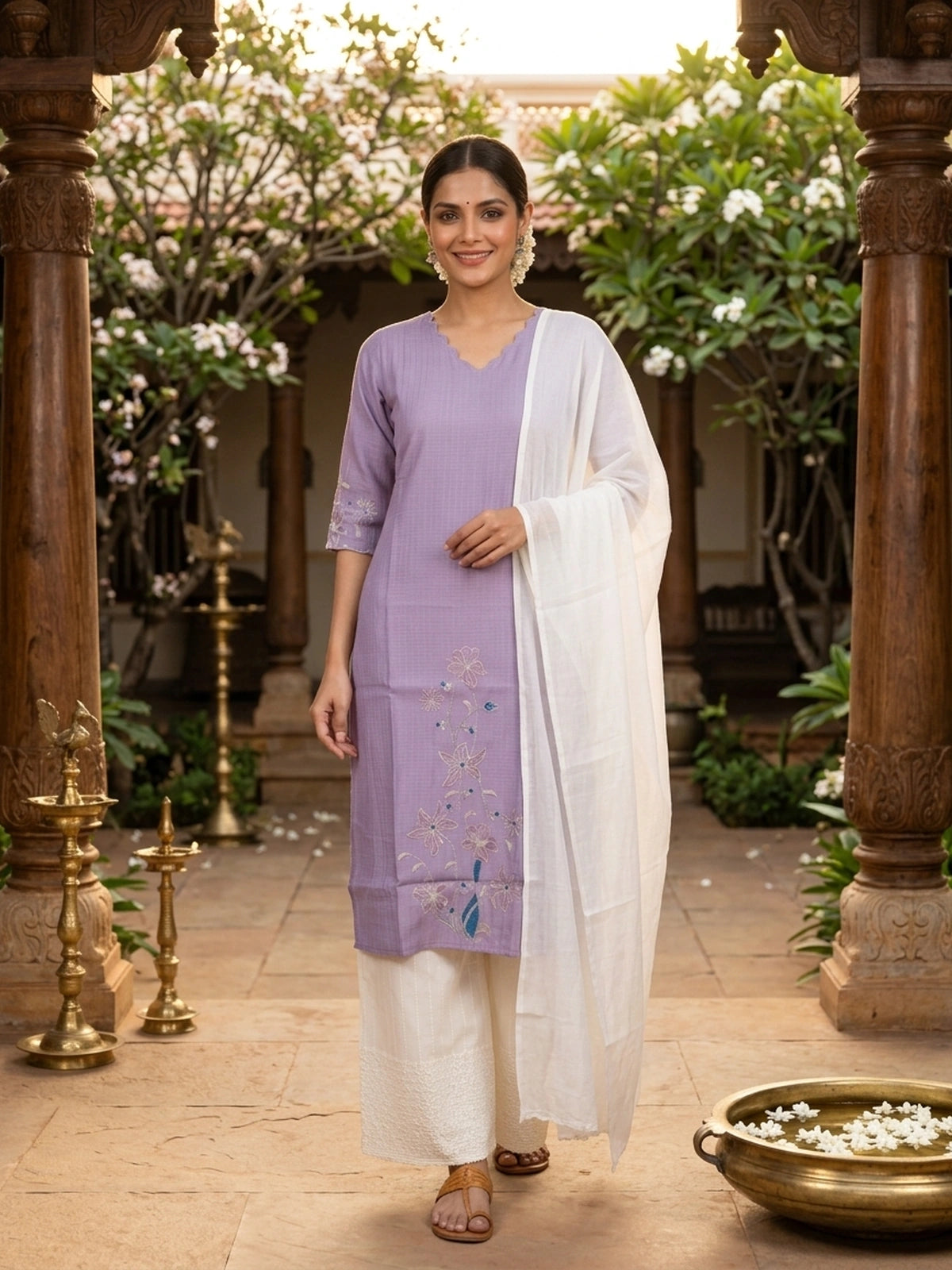 Lavender Floral Embroidered Cotton Silk Anarkali Top