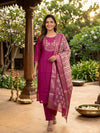 Rani Pink Zari Embroidered Art Silk Straight Cut Kurti Set