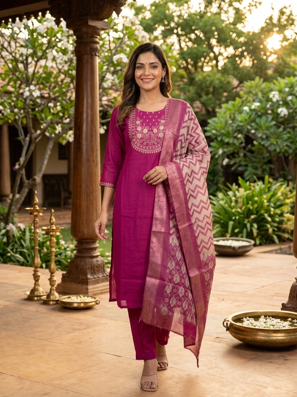 Rani Pink zari embroidered art silk straight cut kurti set with printed dupatta and pants