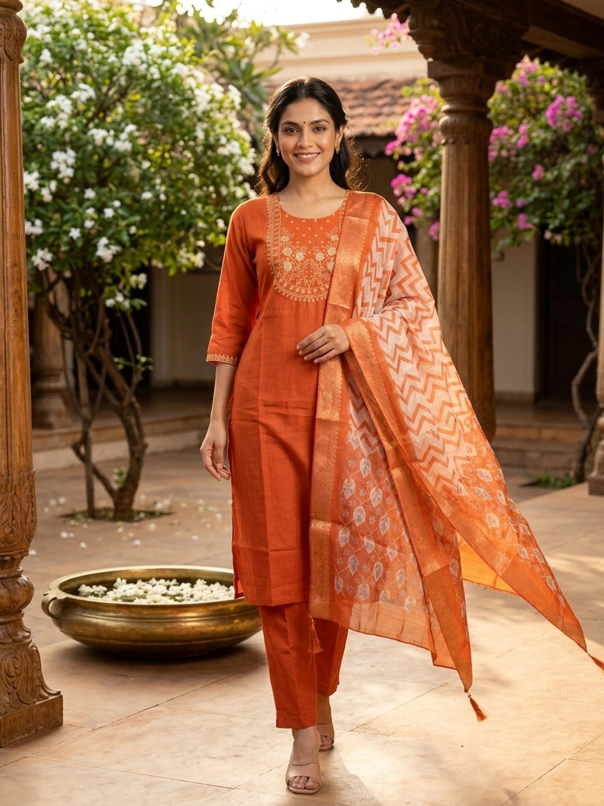 Orange zari embroidered cotton silk straight cut kurti set with printed dupatta