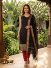 Black Cotton Silk Zari Border with Red Contrast Straight Cut Kurti Set