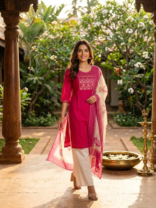 Rani Pink cotton embroidered straight cut kurti top with gold and blue yoke work