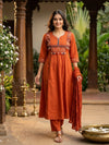 Rust Orange Cotton Warli Embroidered Anarkali Kurti Set