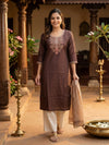 Brown Embroidered Cotton Straight Cut Top