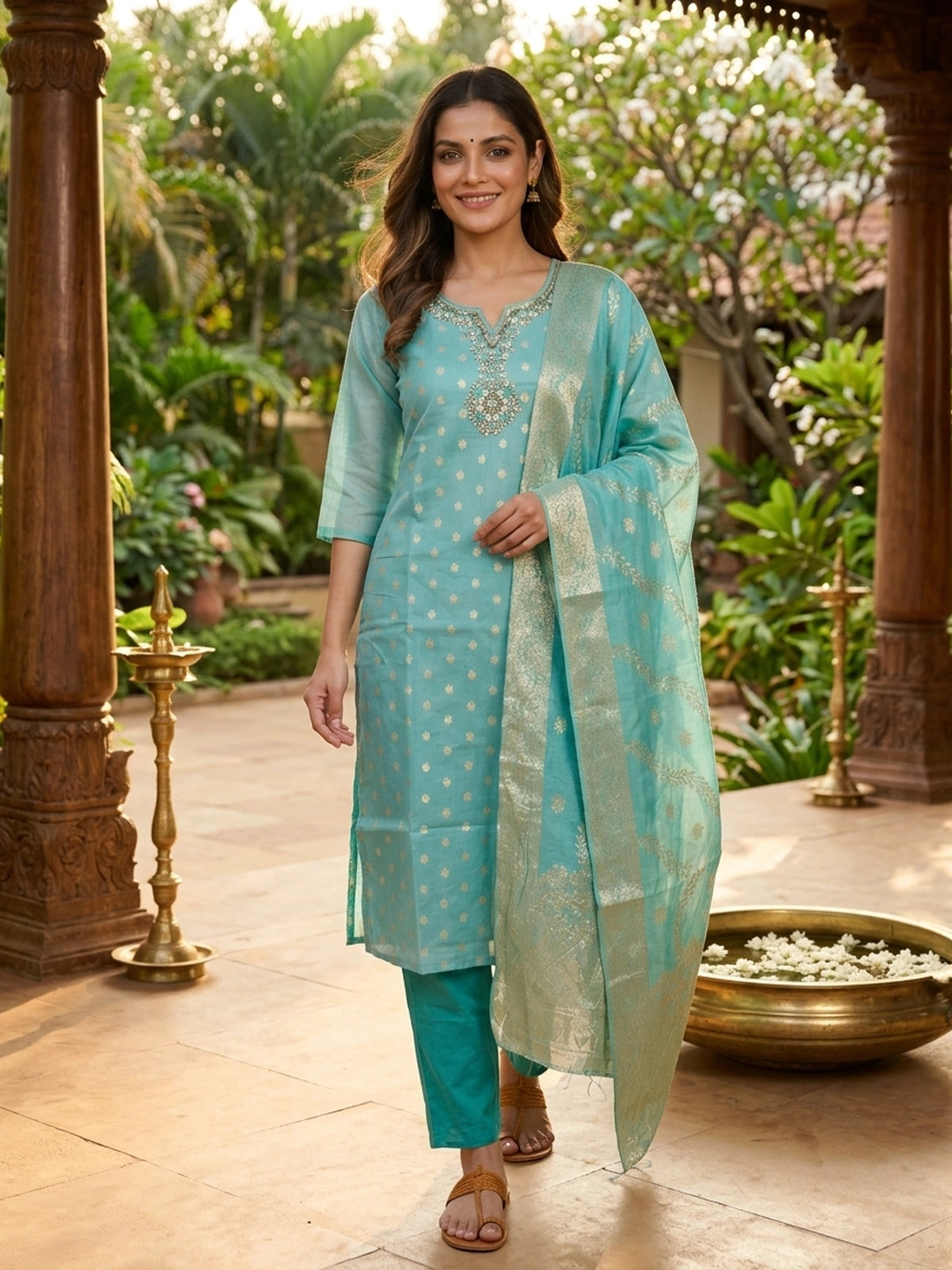 Turquoise zari embellished Chanderi silk straight cut kurti set with matching pants and gold zari dupatta