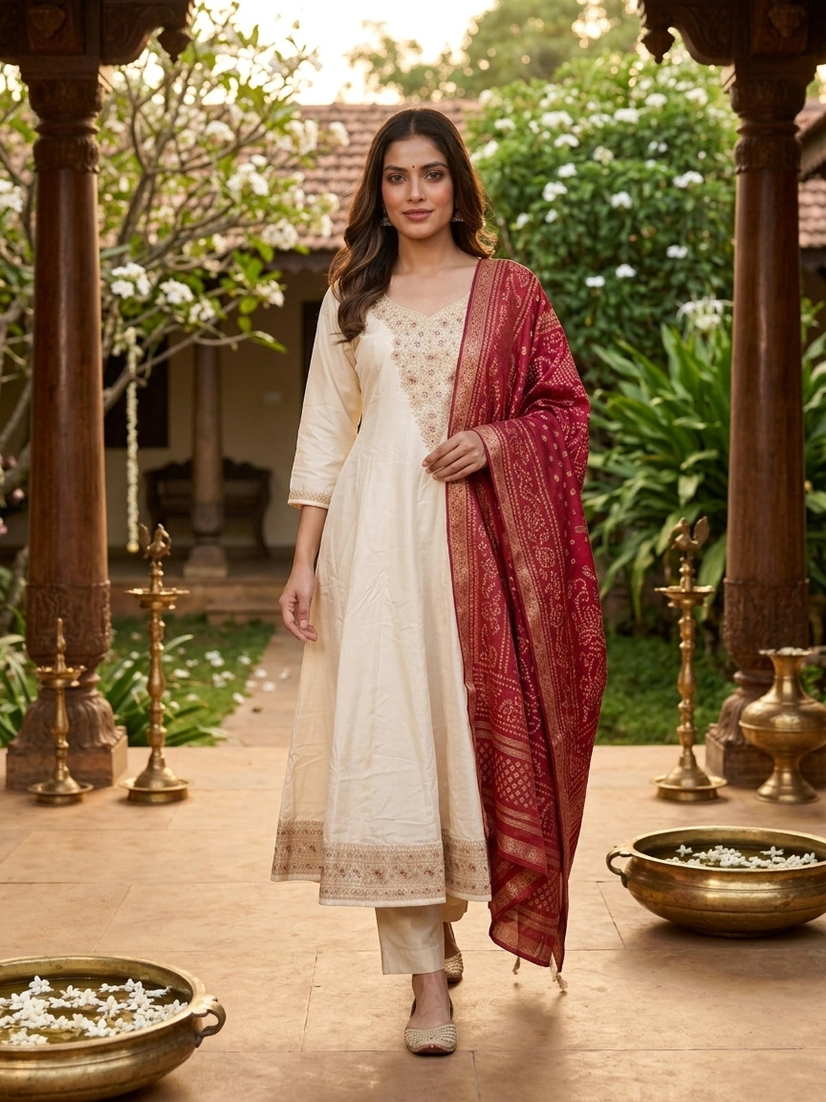 Cream Zari Embroidered with Maroon Bandhani Dupatta Anarkali Kurti Set