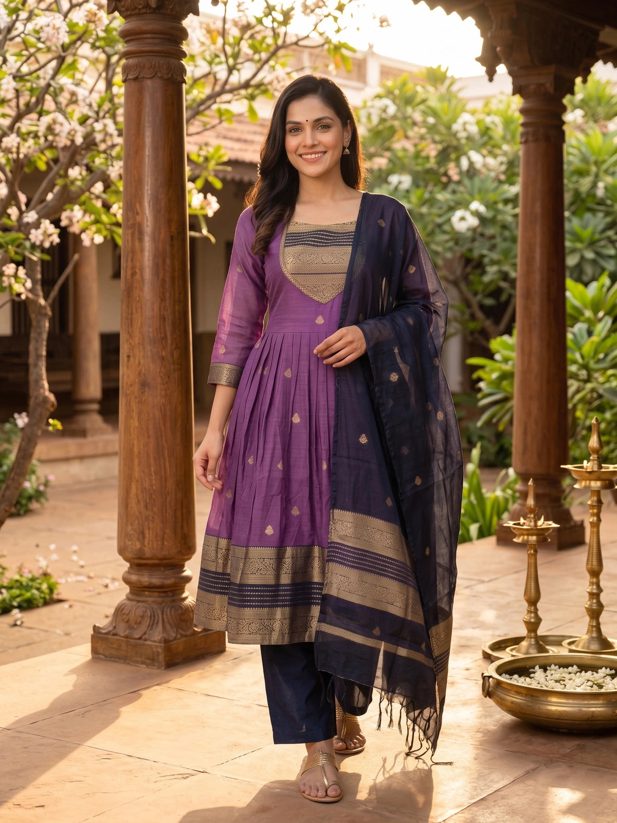 Purple Anarkali kurti set with navy blue zari woven yoke, dupatta and straight pants