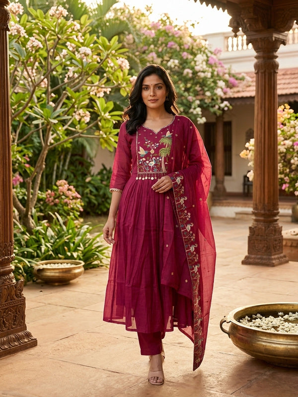 Rani Pink embroidered Anarkali kurti set with bird and palm motifs and matching dupatta