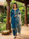 Teal Blue Art Silk Zari Embroidered Straight Cut Kurti Set