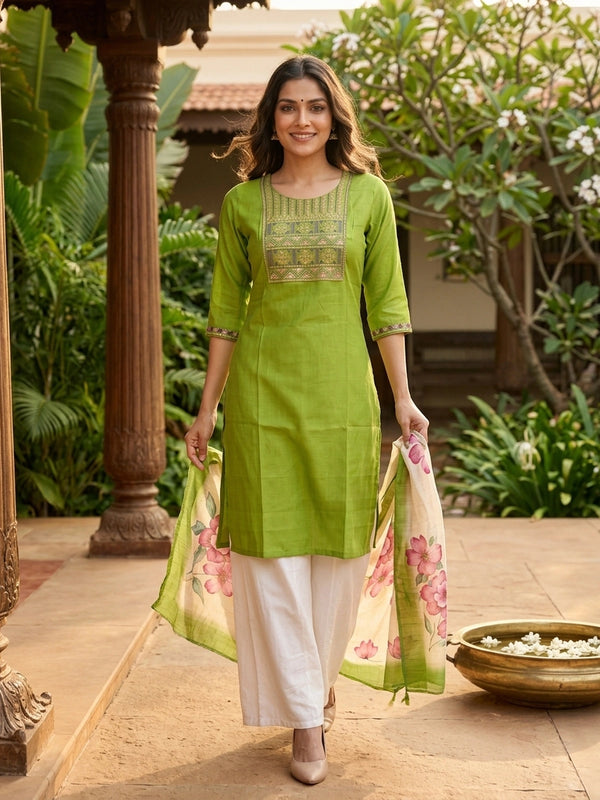 Green cotton silk straight cut kurti top with purple and gold embroidered yoke