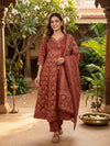 Maroon Floral Block Print Cotton Anarkali Kurti Set