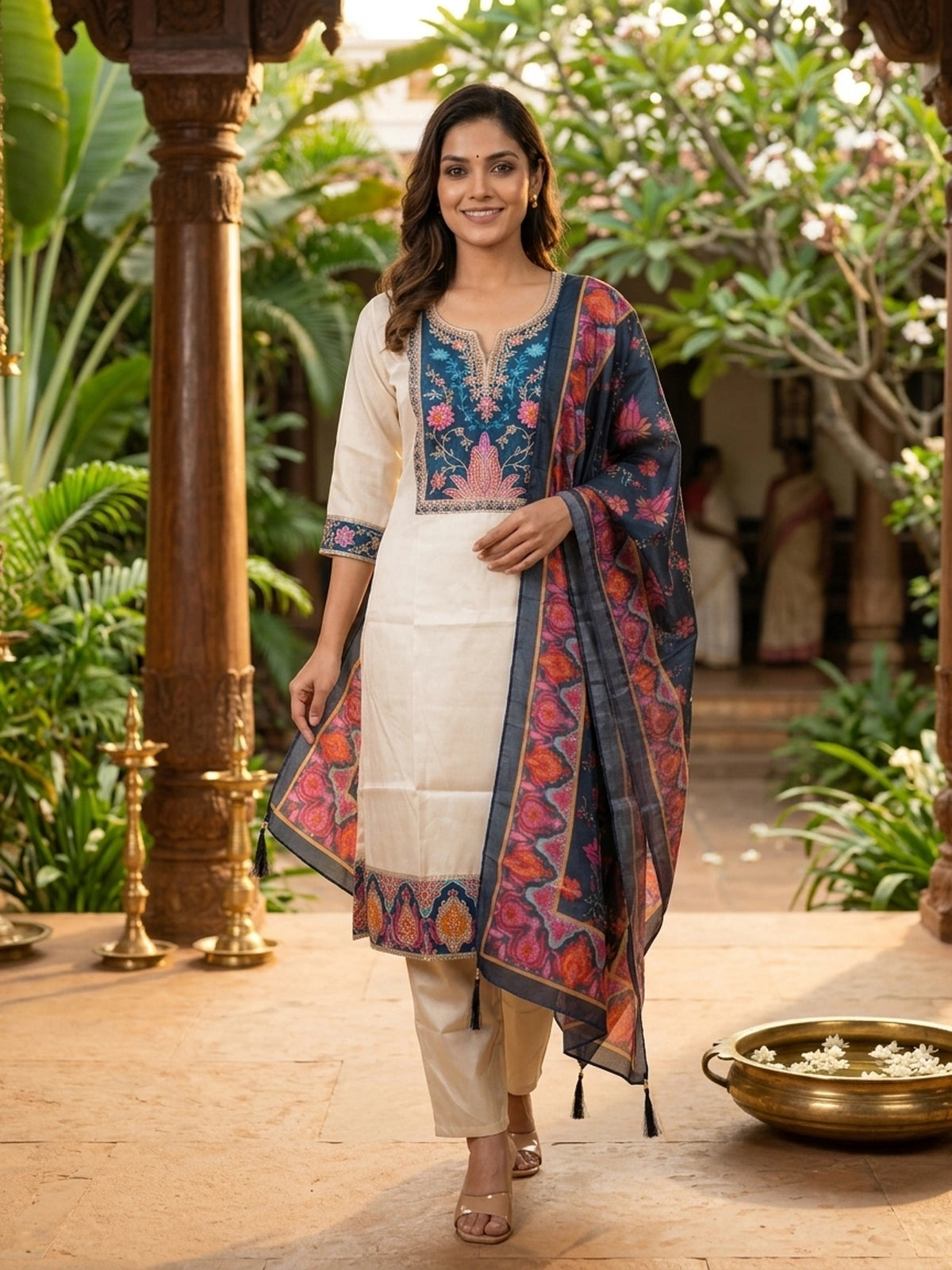 Cream Art Silk Floral Embroidered Straight Cut Kurti Set