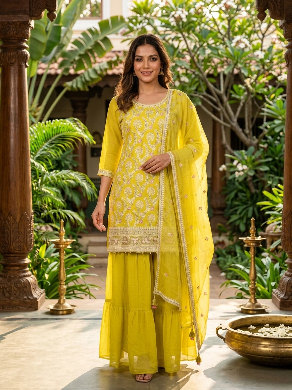 Lime Yellow Georgette Floral Embroidered Straight Cut Kurti Set with Sharara and Dupatta