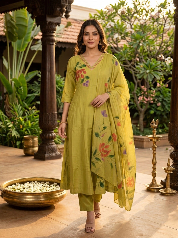 Mehndi Green hand-painted floral Anarkali kurti set with mirror work neckline and matching chiffon dupatta